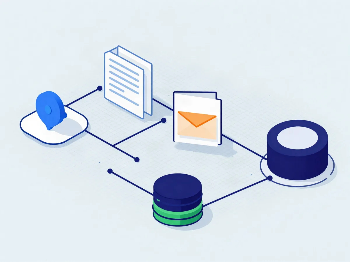 Isometrische Darstellung eines Automatisierungs-Workflows: Auslöser, Dokument, E-Mail und Datenbank sind miteinander verbunden